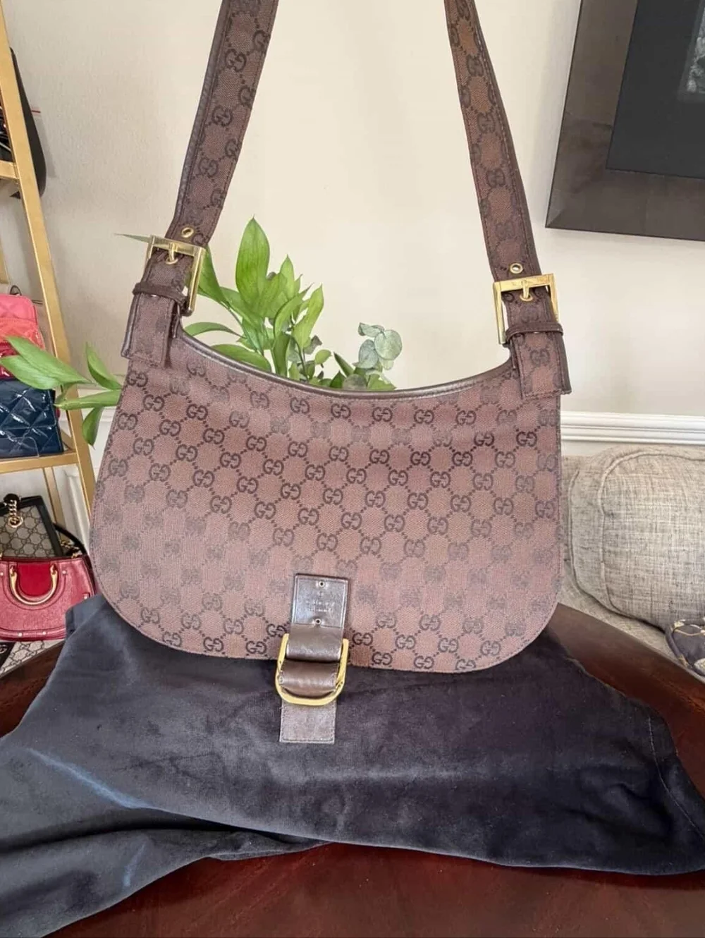 Gucci GG Canvas D-Ring Shoulder Bag Brown Monogram Tom Ford Era